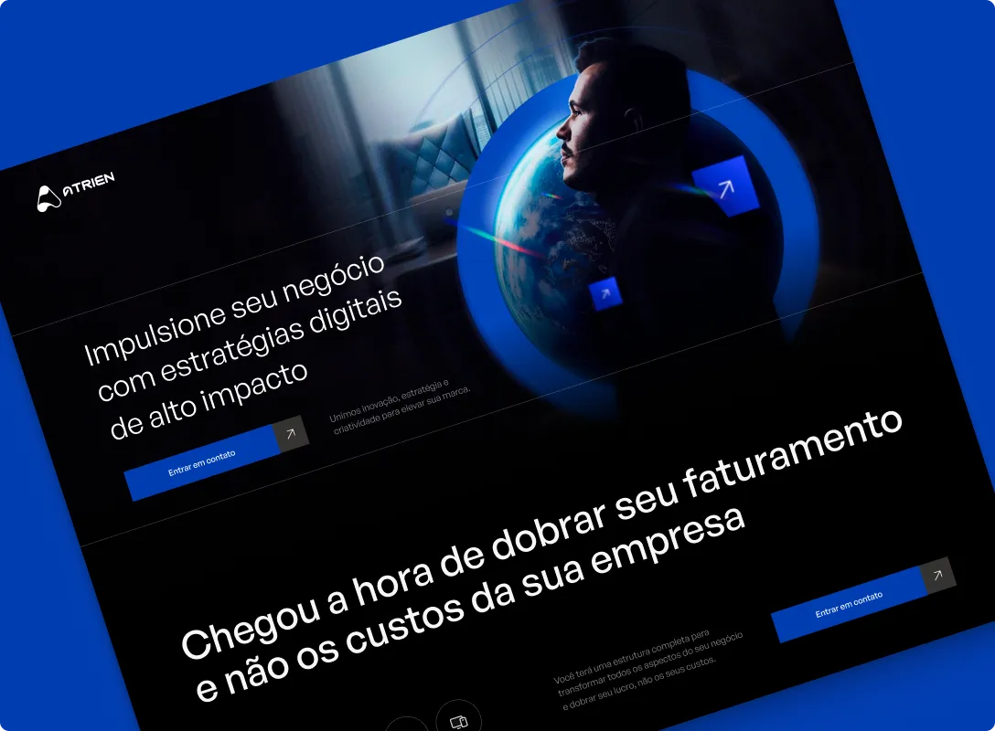 Site da Atrien em azul com globo 3D e mensagem sobre estratégias digitais